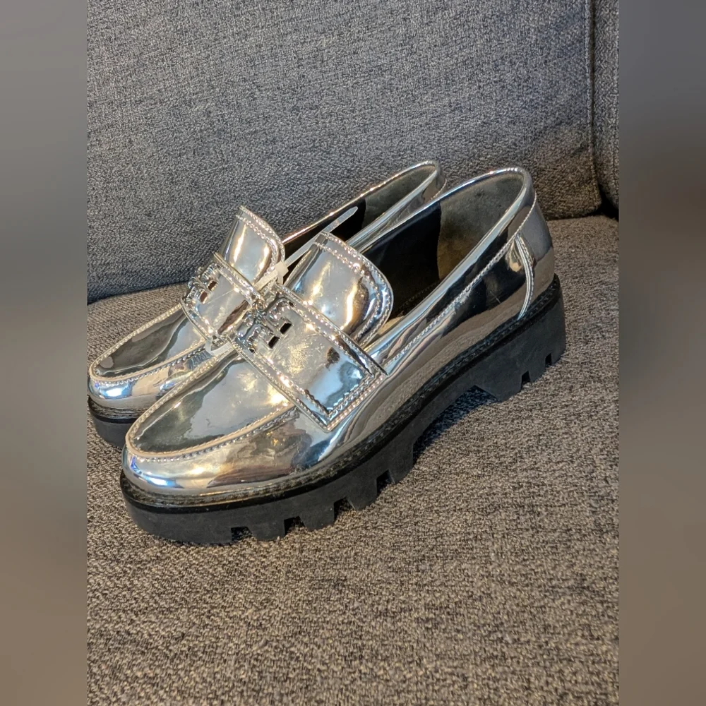 Tory Burch Silver Metallic Lug Sole Loafers